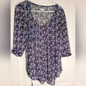 EXHILARATION whimsigoth purple white plum floral‎ artsy office tie wrap S top